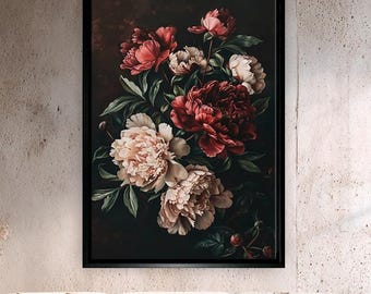 Dark Peony Flower Canvas Art, Black Framed, Vintage Floral Wall Decor