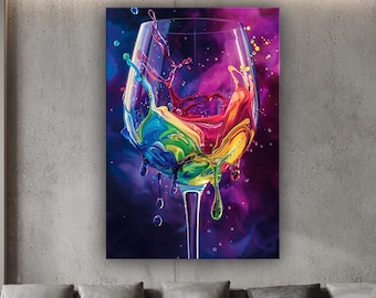 Colorful Wine Glass Canvas Wall Art, Abstract Wine Painting Print, Wine Lover Gift, Modern Bar & Kitchen Decor, Large Kitchen Wall Art