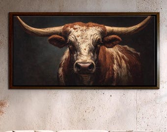 Texas Longhorn Cow Canvas Print, Rustic Farmhouse Western Wall Art