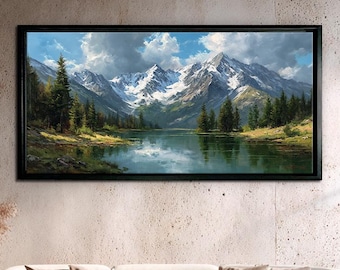 Mountain Lake Canvas Wall Art – Framed Wilderness Nature Print, Panoramic Landscape Forest Artwork for Living Room - Office Decor