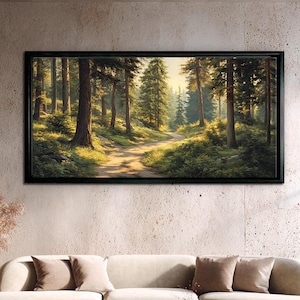 Forest Path Wall Art Canvas, Nature Landscape Painting, Woodland Trail Print, Rustic Tree Wall Decor, Large Forest Artwork, Framed Canvas