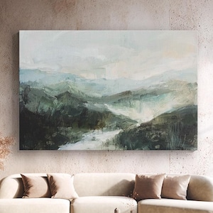 Green Landscape Canvas Print, Minimalist Forest Wall Art, Modern Nature Decor with Frame Options, Large Living Room Canvas