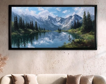 Mountain Lake Landscape, Extra Large Framed Canvas Wall Art, Serene Nature Wall Decor, Lake and Pine Forest Painting Print