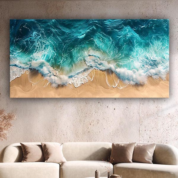 Ocean Waves Beach Wall Art Canvas, Coastal Seascape Print, Modern Coastal Home Decor, Blue Sea and Sand Canvas, Ready To Hang