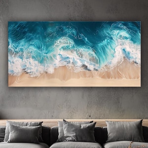 Blue Ocean Wave Canvas, Impasto Textured Seascape, Designer Coastal Wall Art, Minimalist Living Room Decor, Contemporary Home Style