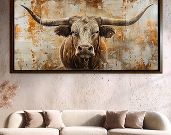 Texas Longhorn Cow Canvas Wall Art, Rustic Farmhouse Decor
