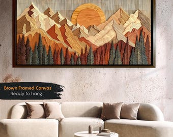Wood Texture Mountain Canvas Wall Art, Rustic Lodge Decor