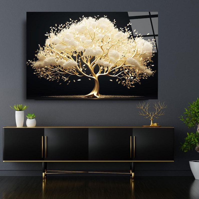 Tempered Glass Wall Art, Gold Tree Wall Decor, Home Decor, Tempered Glass Art,Nature Wall Art Gifts for her,Tree Wall Art,Glass Printing Art