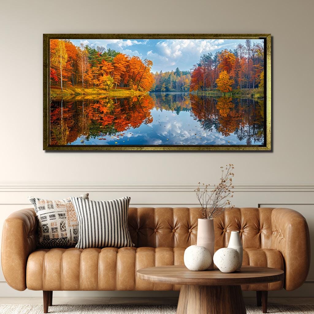 Autumn Forest Lake Wall Art Canvas, Fall Landscape Print, Nature ...