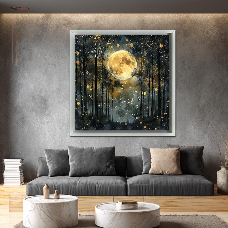 Gold Moon in the Forest Canvas Wall Art, Mystical Night Sky Print ...