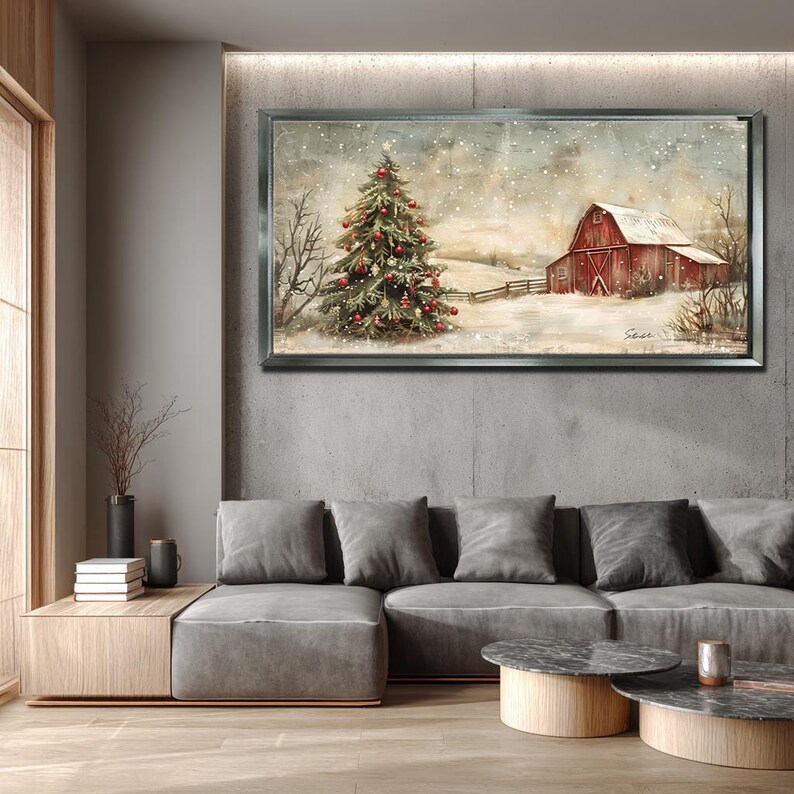 Christmas Wall Art, Rustic Farmhouse Winter Canvas, Red Barn & Tree ...