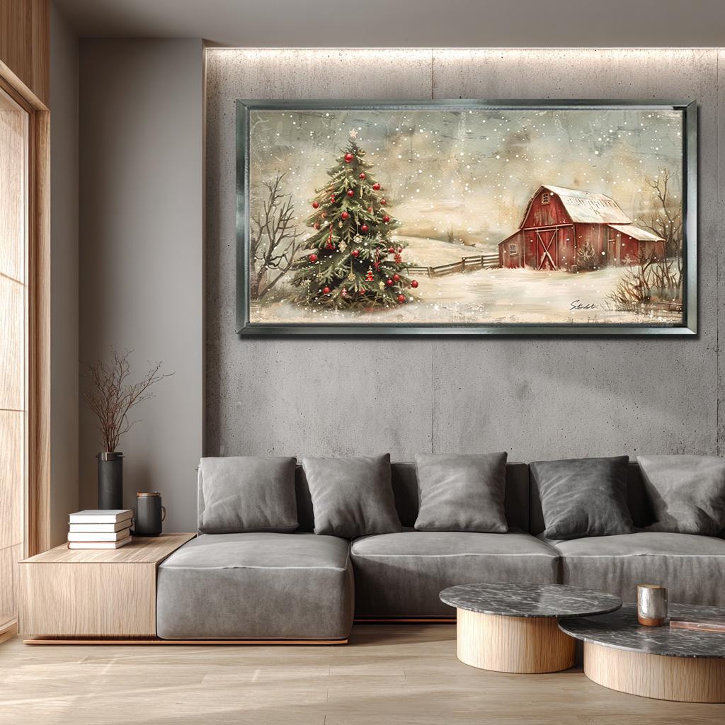 Christmas Wall Art, Rustic Farmhouse Winter Canvas, Red Barn & Tree ...