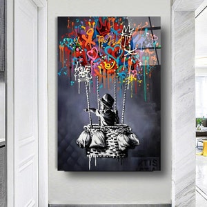 Banksy Boy Flying With Balloon Canvas, Banksy Glass Wall Art, Banksy Balloon Canvas, Balloon Poster, Wall Art Canvas, Reayd To Hang Tempered Glass Art
