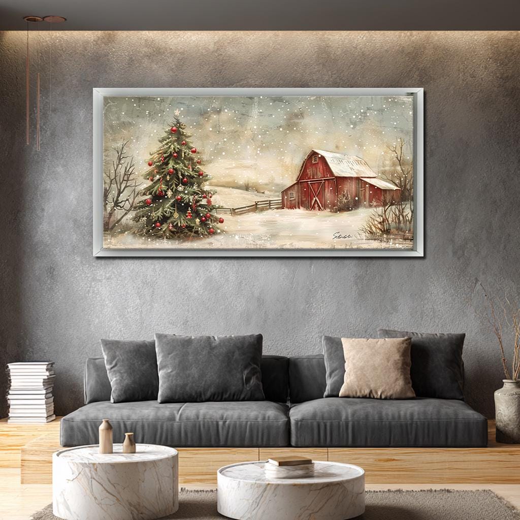 Christmas Wall Art, Rustic Farmhouse Winter Canvas, Red Barn & Tree ...