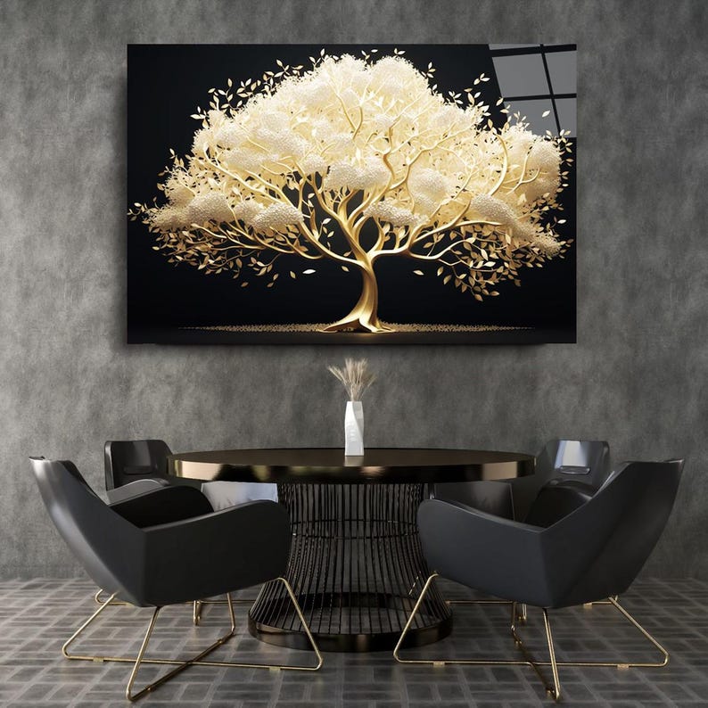 Tempered Glass Wall Art, Gold Tree Wall Decor, Home Decor, Tempered Glass Art,Nature Wall Art Gifts for her,Tree Wall Art,Glass Printing Art