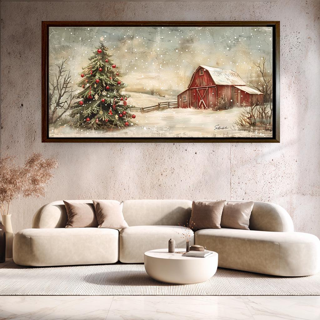 Christmas Wall Art, Rustic Farmhouse Winter Canvas, Red Barn & Tree ...