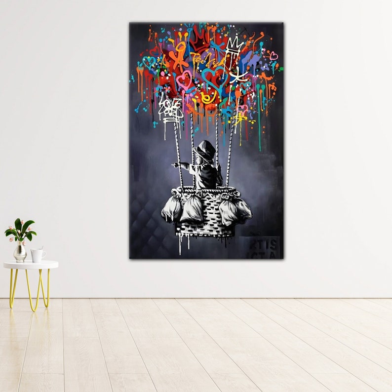 Banksy Boy Flying With Balloon Canvas, Banksy Glass Wall Art, Banksy Balloon Canvas, Balloon Poster, Wall Art Canvas, Reayd To Hang Ready To Hang Canvas