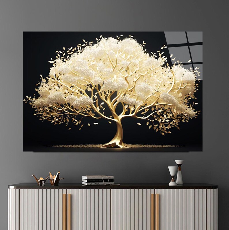 Tempered Glass Wall Art, Gold Tree Wall Decor, Home Decor, Tempered Glass Art,Nature Wall Art Gifts for her,Tree Wall Art,Glass Printing Art