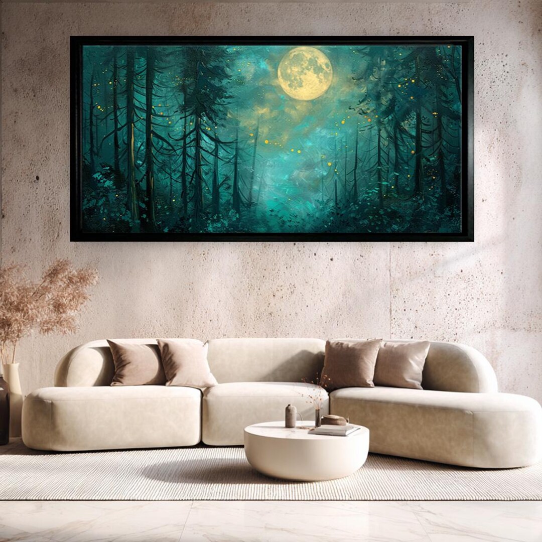 Mystical Moon Forest Wall Art, Dark Green Full Moon Canvas Print ...