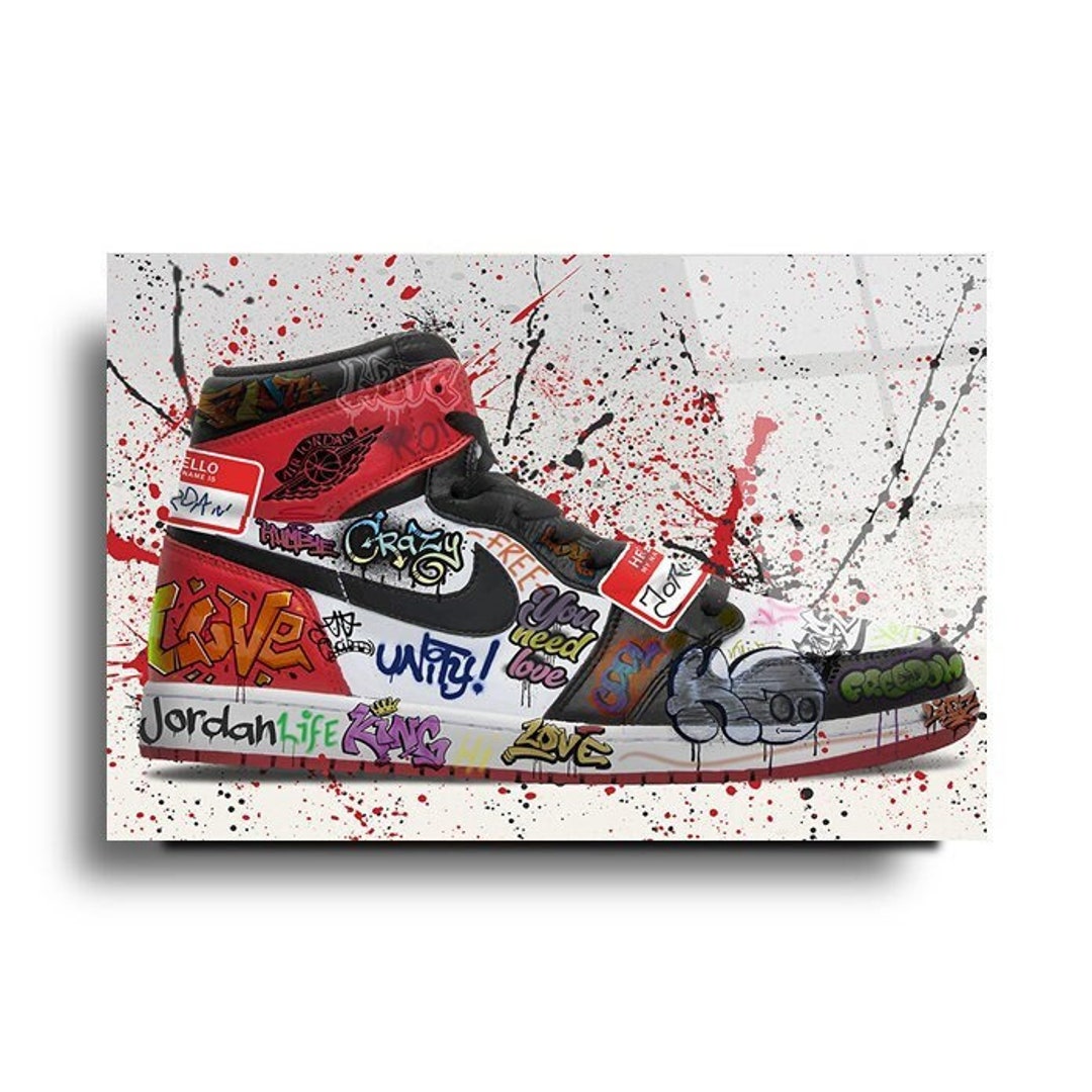 Jordan Graffiti Glass Wall Art, Air Jordan Glass Wall Art, Jordan 1 Graffiti, Modern Graffiti