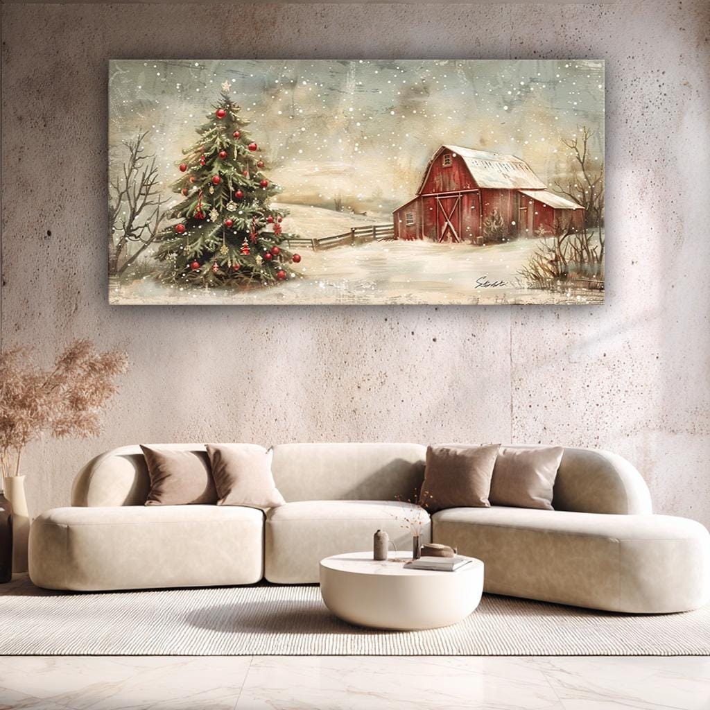 Christmas Wall Art, Rustic Farmhouse Winter Canvas, Red Barn & Tree ...