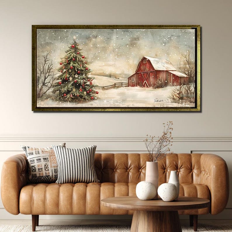 Christmas Wall Art, Rustic Farmhouse Winter Canvas, Red Barn & Tree ...