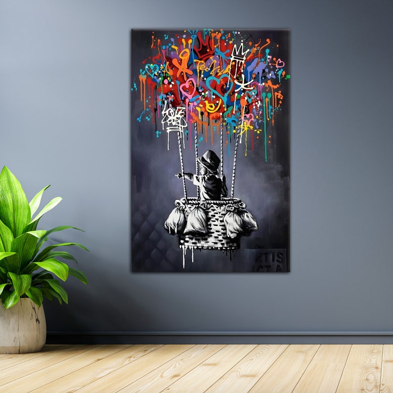 Banksy Boy Flying With Balloon Canvas, Banksy Glass Wall Art, Banksy Balloon Canvas, Balloon Poster, Wall Art Canvas, Reayd To Hang immagine 10