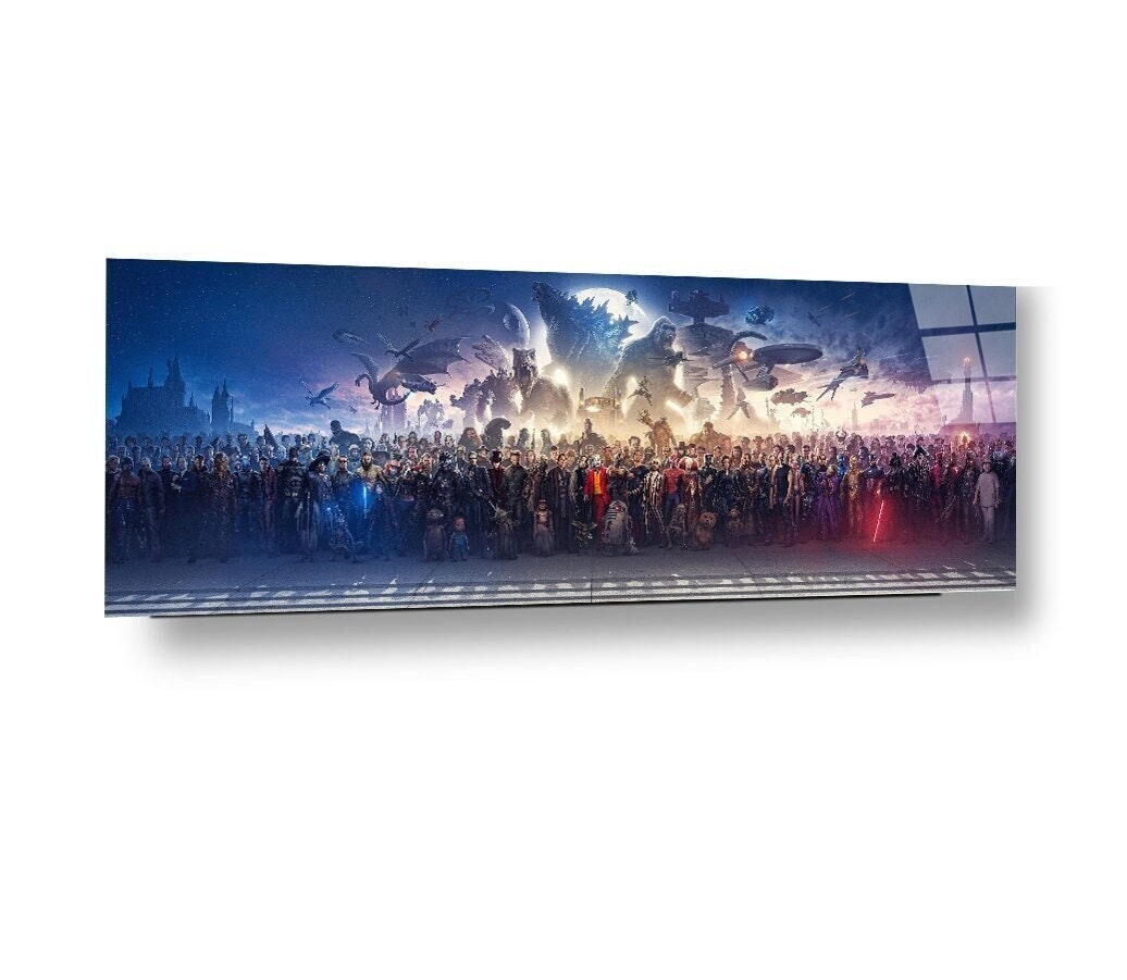 Blockbuster Fine Art Panorama Glass Wall Art, 150 Movie Blockbuster Characters Panorama, Movie pano on Glass, Eye Catcher Movie Fan Gift