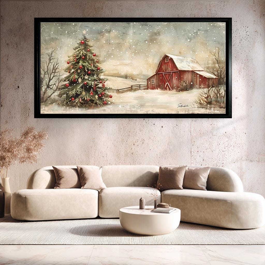Christmas Wall Art, Rustic Farmhouse Winter Canvas, Red Barn & Tree ...