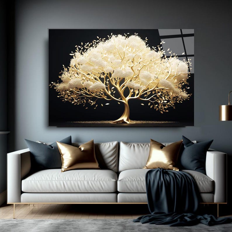 Tempered Glass Wall Art, Gold Tree Wall Decor, Home Decor, Tempered Glass Art,Nature Wall Art Gifts for her,Tree Wall Art,Glass Printing Art