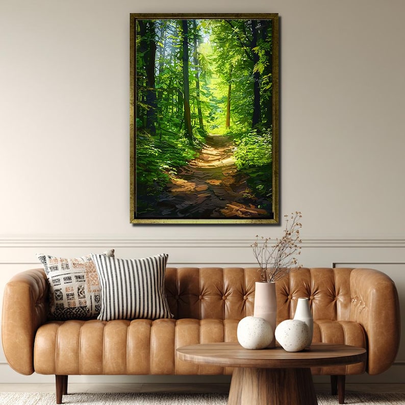 Forest Path Canvas Wall Art – Vertical Green Woodland Painting for ...