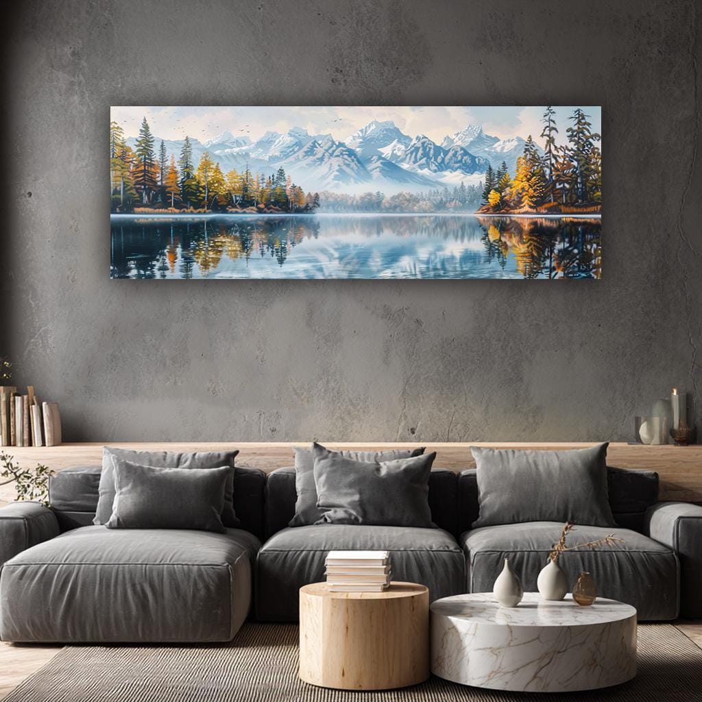 Panoramic Mountain Lake Canvas Wall Art, Framed Nature Landscape Print ...