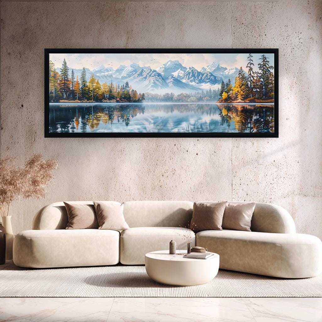 Panoramic Mountain Lake Canvas Wall Art, Framed Nature Landscape Print ...