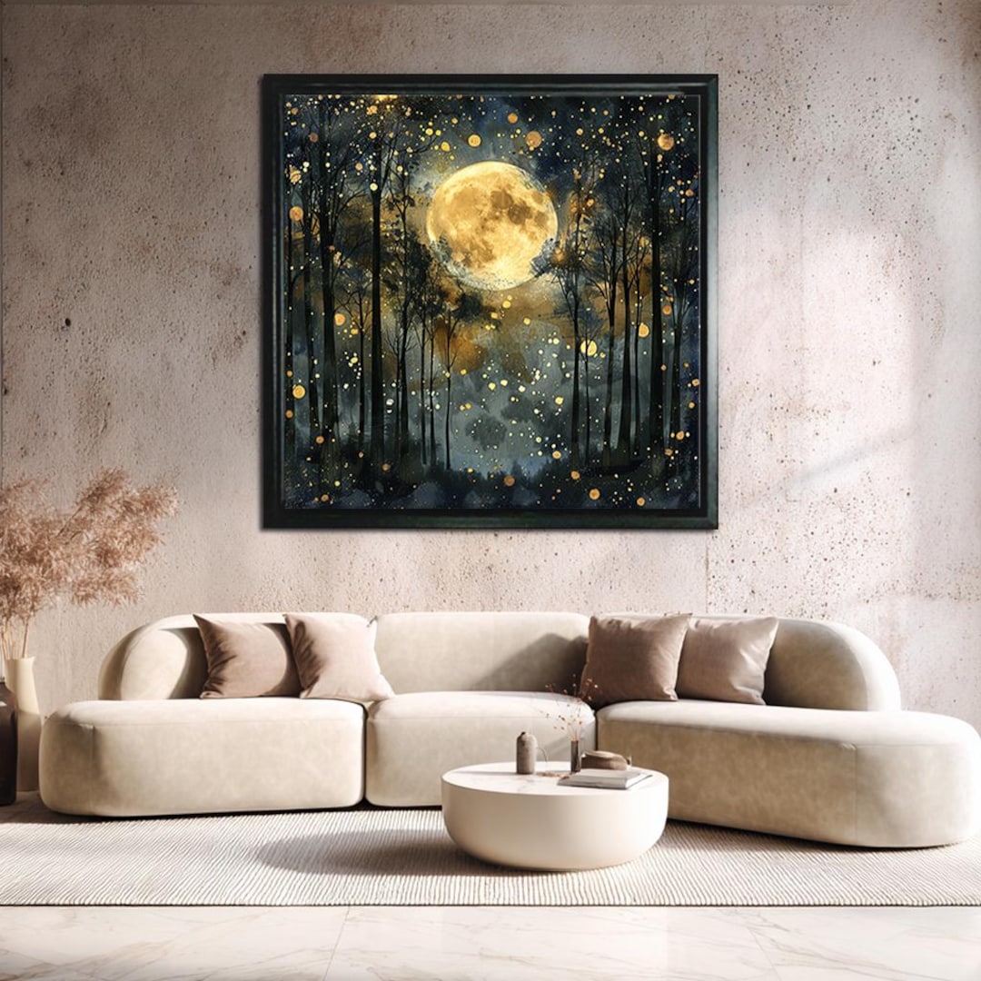 Gold Moon in the Forest Canvas Wall Art, Mystical Night Sky Print ...