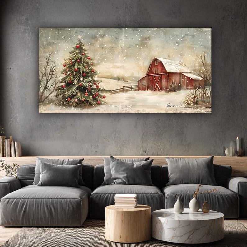 Christmas Wall Art, Rustic Farmhouse Winter Canvas, Red Barn & Tree ...