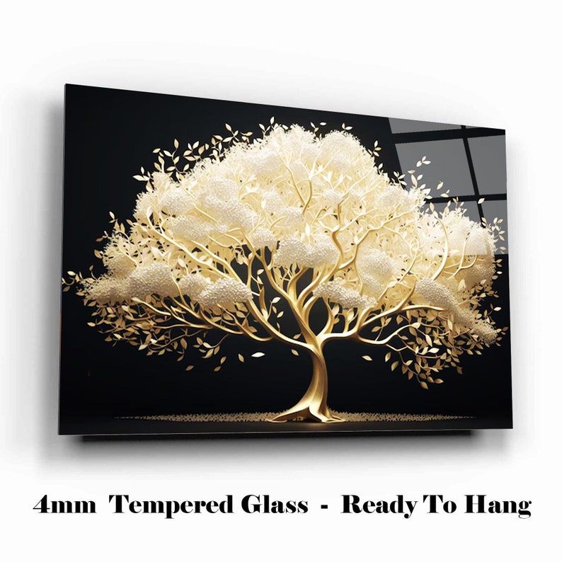 Tempered Glass Wall Art, Gold Tree Wall Decor, Home Decor, Tempered Glass Art,Nature Wall Art Gifts for her,Tree Wall Art,Glass Printing Art