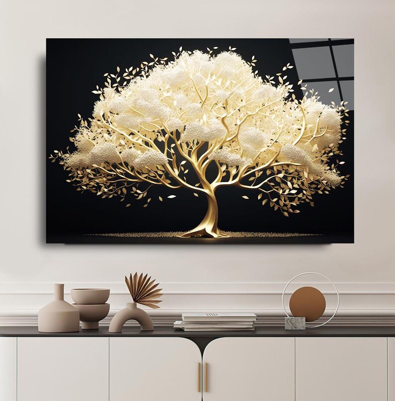 Tempered Glass Wall Art, Gold Tree Wall Decor, Home Decor, Tempered Glass Art,Nature Wall Art Gifts for her,Tree Wall Art,Glass Printing Art