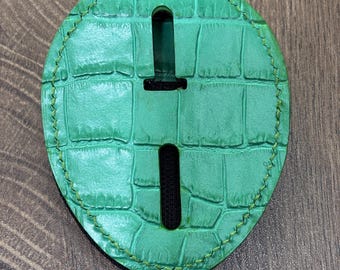 Handcrafted Personalized Green Cracks Leather Law Enforcement Badge Holder Full-Grain Belt Clip and Neck Chain, Custom Name Laser engraving
