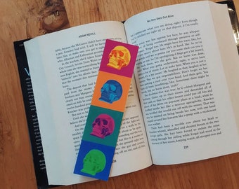 Skull Pop Art Bookmarks - 2"x8", Halloween Book Lover Gift