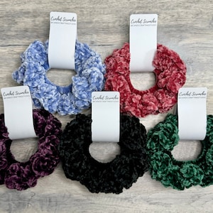 Crochet Velvet Scrunchie | Mystery Color Option | Chenille Hair Ties/Accessories | Luxe Velour Juicy Couture Yarn | Handmade Birthday Gift