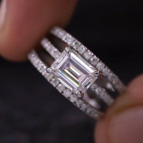 1.5 CT Emerald Cut Moissanite Engagement Ring Set, East West Anniversary Ring Set, Unique Half Eternity Band, Classic Wedding Ring For Women