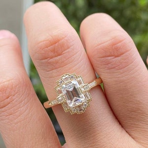 Unique 2.0 CT Emerald Cut Moissanite Engagement Ring, Baguette Cut Halo Ring, 10K Yellow Gold Milgrain Ring, Vintage Art Deco Wedding Ring