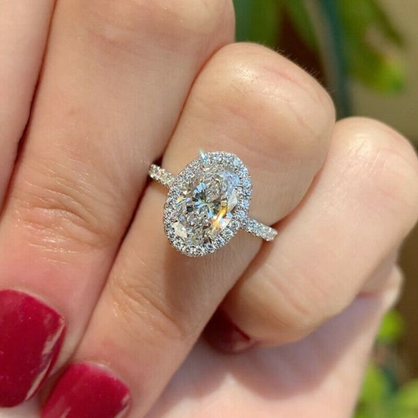 Bague de fiançailles en moissanite taille ovale 2,5 carats, bague halo de diamants ovale, bague diamant en or blanc 14 carats, cadeau Saint-Valentin pour elle, bague de promesse