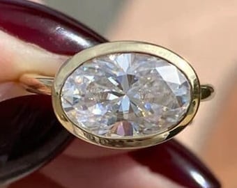 Anillo de compromiso único East West Moissanite, anillo de boda solitario con bisel de oro macizo de 14K, anillo Art Déco de corte ovalado, regalo de aniversario