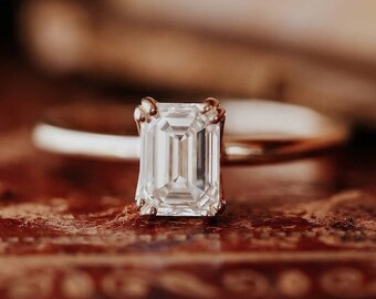 1.0CT Unique Double Prong Solitaire Ring, Minimalist Wedding Ring, 14K Rose Gold Emerald Cut Moissanite Engagement Ring, Bridal Vintage Gift