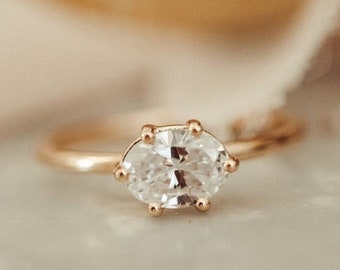 Anillo de boda de diamantes con solitario cuadrado vintage, anillo de compromiso de moissanita este oeste de corte ovalado, anillo de promesa Art Déco, anillo de aniversario simple