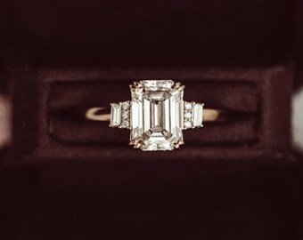 2.5 CT Emerald Cut Three Stone Engagement Ring For Her, Baguette Cut Side Stone Ring, 14k Solid Gold Wedding Ring, Double Prong Set Rings