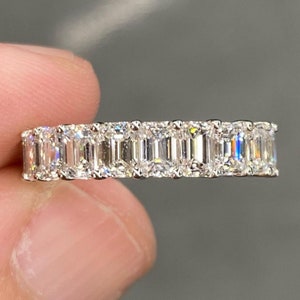 Unique Emerald Cut Moissanite Wedding Band, 18K White Gold Promise Band, Full Eternity Band, Luxurious Style Diamond Band, Simulated Diamond