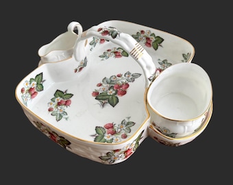 Hammersley Strawberry Serving Set Handled Bone China With Creamer and Sugar Bowl in Wild Strawberry Pattern Vintage England | Free Shipping