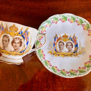 Royal Albert Cup and Saucer &quot;Loyalty&quot; To Commemorate King George IV and Queen Elizabeth&#39;s Visit to Canada May 1939 With Royal Portraits